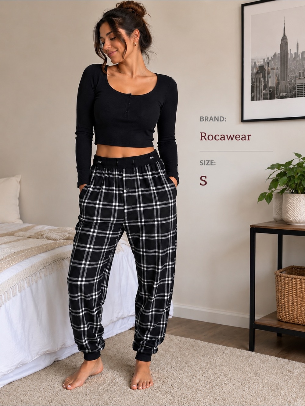 Rocawear Plaid Jogger Lounge Pants Size S Black White Cotton Blend Pajama Pants